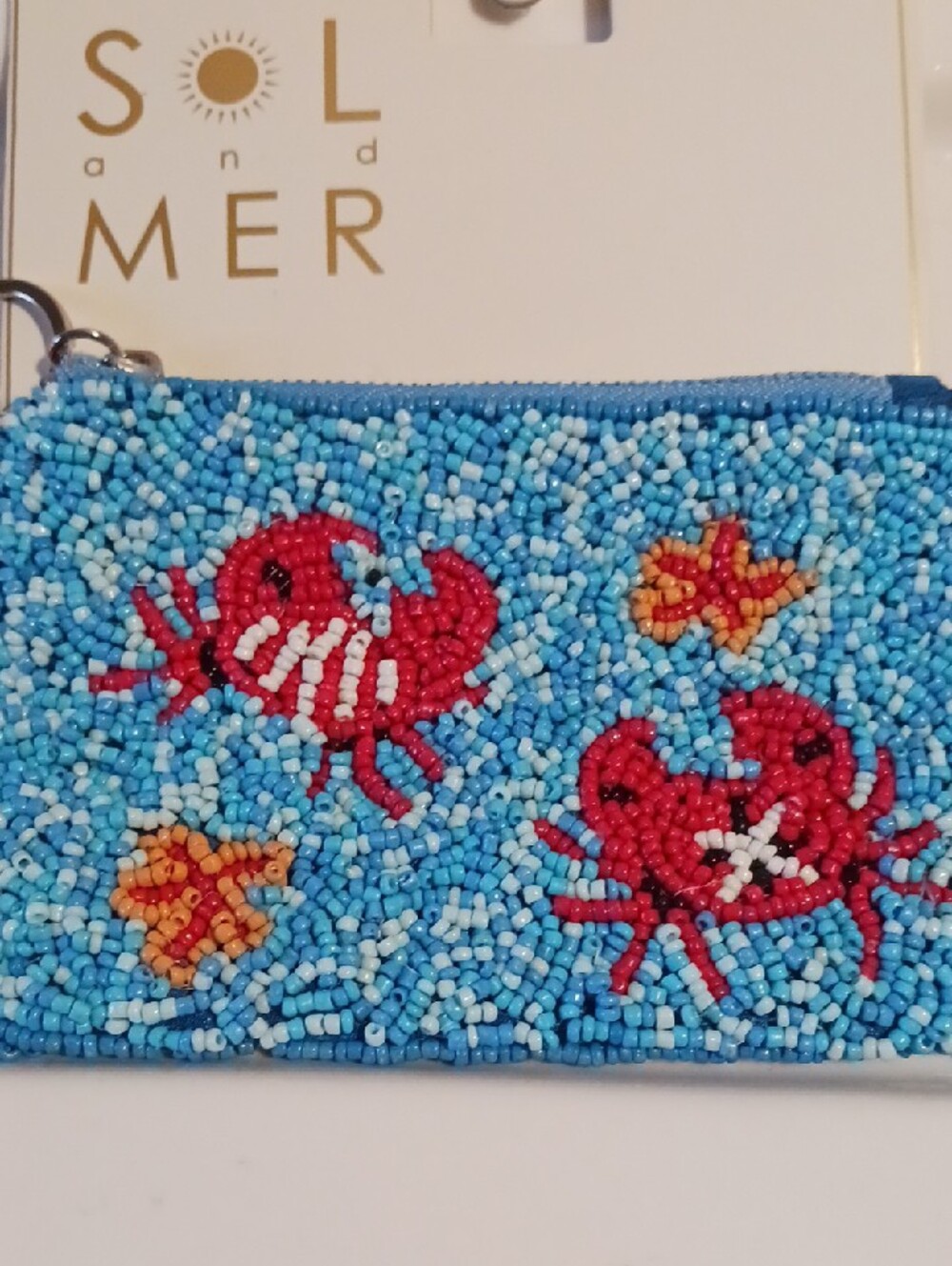 Adorable! Blue Beaded Crab 🦀Coin Purse with Red Tassel & Silver Clip 🦀